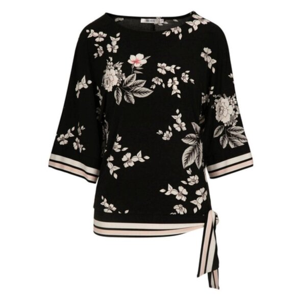 Rickis Black floral Kimono style half sleeve side knot boatneck  blouse XS - Picture 2 of 16